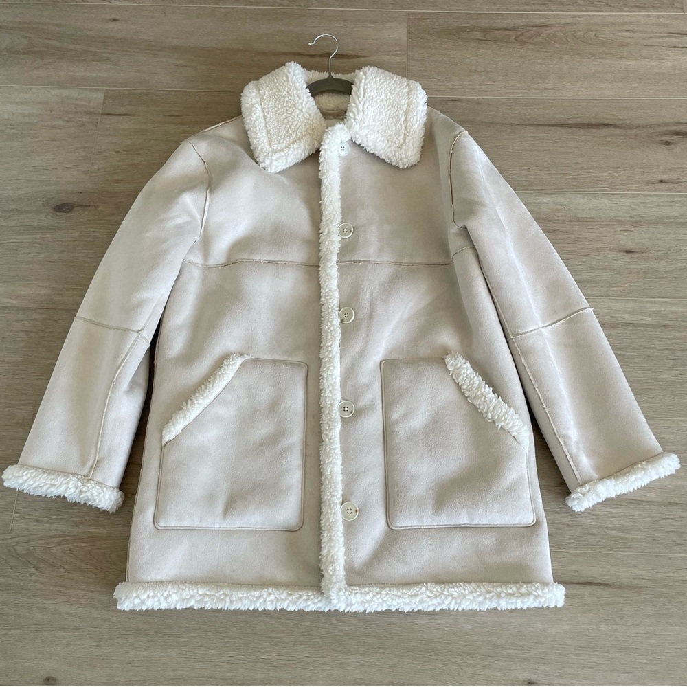 Aritzia Wilfred Free Catrina Faux Suede Sherpa Jacket in Whitecap Grey Size S - Picture 2 of 5